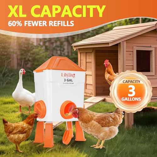 Lilyang 3 Gallon Automatic Chicken Waterer & Feeder Set, Auto Water Refill | Anti-Spill Ports & Stay-Clean Cups, Auto Watering System with Float Valve, No-Waste Poultry Feeder, No-Tools Assembly - color: Bright Orange