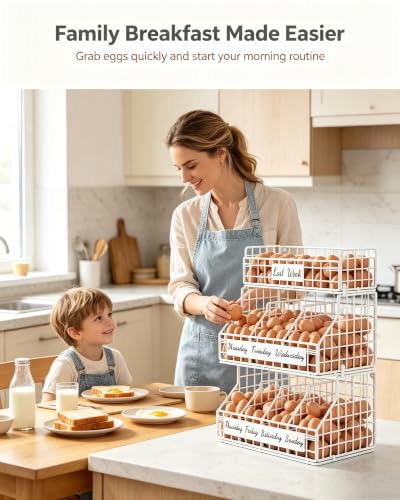 Egg Holder Countertop, Large 3T Chicken Egg Basket for Gathering Fresh Eggs | Egg Storage Organizer with Adjustable 5 Divider & Label, Stackable Wall Mounted Egg Collecting Basket Rack, XXL White - color: 3T XXL White