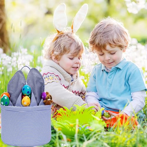 Easter Basket Seersucker Egg Hunt Bunny Baskets for Kids with Cute Rabbit Ears Stripe Storage Gifts Candies Personalized Easter Party Gifts… - color: Seersuck blue