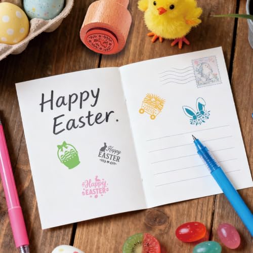 AHANDMAKER 5 Styles Easter Egg Stamps, Happy Easter Pattern Mini Wooden Rubber Stamp Unique Designs Egg Drawing Stamps for Easter Eggs Famers and Chicken Owners Scrapbooking Card Making - style: Happy Easter
