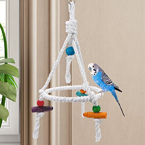 Litewoo Bird Parrot Cotton Swing Round Perch Stand with Chew Toy for Parakeet Budgie Cockatiel Finch Conure Canary Budgie | Natural cotton rope, trims beak, promotes balance & coordination, stand toy for small-medium birds/budgie/cockatiel/conure