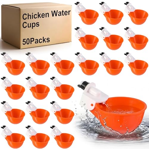 Tanlade 50 Packs Chicken Waterer Cups Large Chicken Feeder, Automatic Waterer Cups Kit for Poultry Chicks Duck Goose Turkey Bunny(Orange) - color: Orange