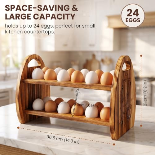Wooden Egg Holder Countertop, 2-Tier & 24 Holes Rustic Egg Tray Storage | Chicken Quail Duck Turkey Fresh Egg Stand, Farmhouse Style, Cute, Kitchen Display & Organizer, Easy to Assemble, Country Gift