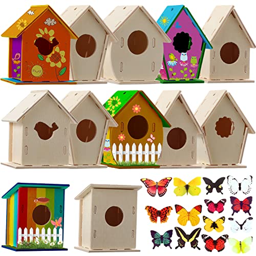 Kisston 210 Pcs DIY Birdhouse Kits for Kids Ages 5-8, 8-12, 96 Wooden Bird Houses Kit in 6 Shapes and 114 Stereoscopic Butterfly Sticker for Children Craft Class Activity Art DIY Project