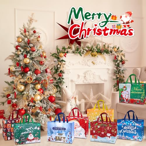 Bszatan Christmas Gift Bags with Handles,24 Pack Large Reusable Tote Bags,Non-Woven Christmas Bags for Wrapping Xmas New Year Party Favors, 12.8"x9.8"x6.7" - color: Christmas Bag 24 PCS