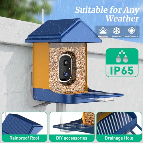 Bird Feeder with Camera, Solar Powered, 2K HD Live Video, Gifts for Men | AI bird recognition and real-time app alerts, built for reliable outdoor use in gardens, patios and backyards.