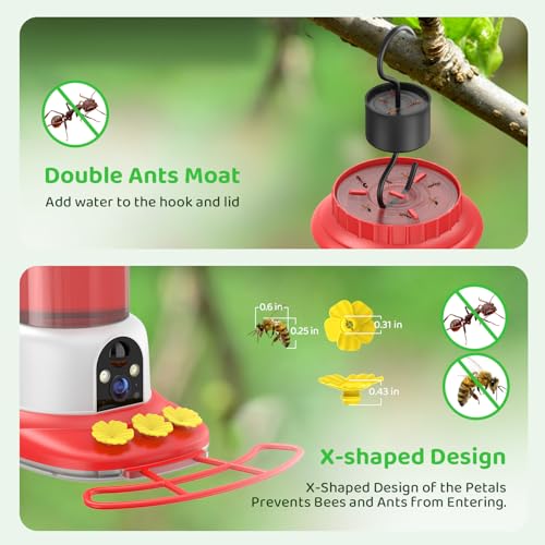 SEHMUA Smart Hummingbird Feeder with Camera, Solar Powered Bird Cam with 1 Year Trial AI Identify, Ant Moat & Bee Proof, Outdoor Hanging, Gift for Bird Watching - color: Red