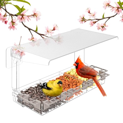 Clear Window Bird Feeder Outdoors - Bird Feeder for Viewing with 5 Perching Stands, Wavy roof, Self-Adhesive Hooks, Drain Holes and Removable Tray, as a Birdhouse, Garden Decor - color: Wavy roof