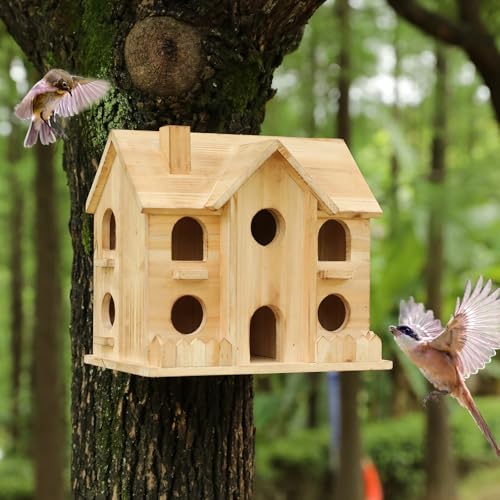 10-Hole Wooden Bird House for Outside, Hanging Birdhouse | Cedar wood backyard birdhouse for small wild birds, ready to hang with entry holes and 11 x 7 x 9 in size