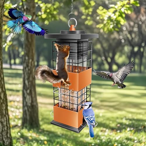 Squirrel Proof Bird Feeder,3.5Lb,4 Ports,Weight Activated,Easy Refill | Weight-Activated Shutoff Blocks Squirrels & Pigeons.Chew-Proof Build For All Weather.Large Capacity,Fast Refilling & Cleaning - color: Brown