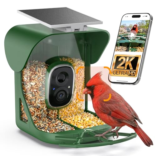 Smart Bird Feeder with Camera, 11000+ AI Bird Recognition, 2K HD Color Night Vision, IP65 Waterproof Solar Powered Bird Feeder with 142° Wide Angle, Motion Detection for Outdoor Garden, Ideal Gift