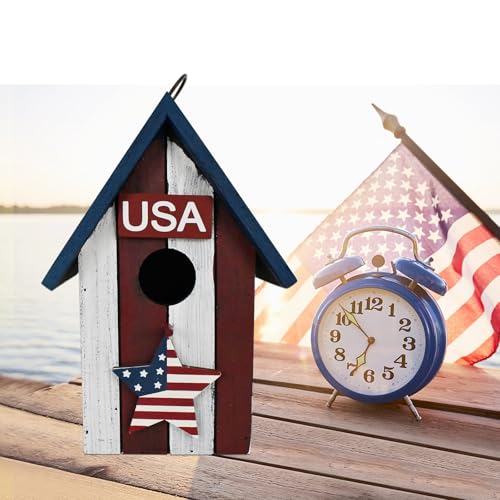 Patriotic Wood Bird House for Outside, Hanging Birdhouse for Outdoor Garden Decorative US Flag Bird House Nest Home for Wrens and Small Birds