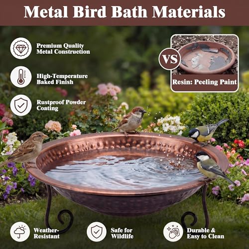 12.8" Hammered Copper Bird Bath Bowl with Stand, Large Birdbath Bowl Replacement, Decorative Birdbath Water Bowls for Garden Patio Deck, Wide Perching Rim Outdoor Ground Bird Bath Dish