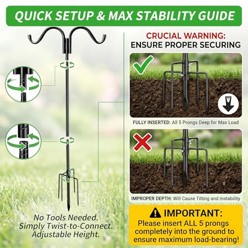 Garden Double Shepherds Hook 82 Inch Adjustable Bird Feeder Pole with 5 Prongs Base Heavy Duty Rustproof Shepards Hooks for Outdoor Hummingbird Feeder Stand, Solar Lights, Lanterns