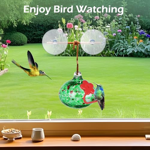 Pozfun Window Hummingbird Feeder with Suction Cups,Hand-Blown Glass Hummingbird Feeders for Outdoors Window Mounted with Metal Hook,Close Bird Watching,Finch in Garden,Yard(Green) - color: Green