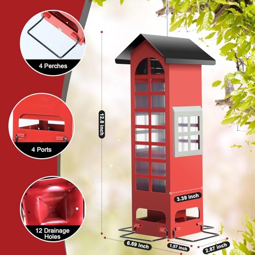 Bird Feeders Squirrel Proof for Outdoor Hanging Wild Bird Feeders with Weight Activated Ports,Metal Cardinal Tube Birdhouse Finch Seed Feeder,Large 2.5LB Capacity for Chickadee Blue Jay Woodpecker - color: Red