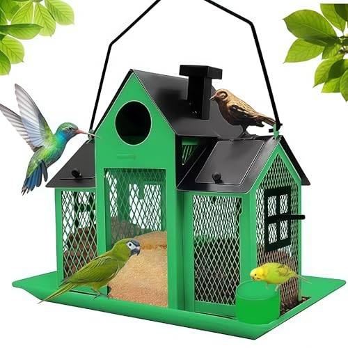 Solar Bird Feeders House for Outside Hanging, Metal Wild Bird Feeder for Outdoors Large Capacity Cardinal Birdfeeder Birdhouses Metal Bird Feeding Station Green - color: green