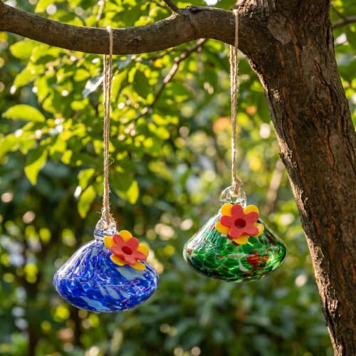 2 Pcs Blown Glass Hummingbird Feeder for Outdoors Hanging, Ant & Bee Resistant Window Bird FeederHandmade Garden Decor Gift for Women - Small Water Droplet Glass Feeders Bundle - color: Droplet C2