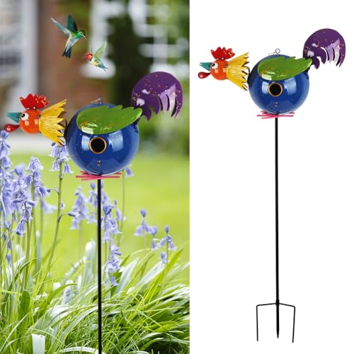 37" Bird Houses for Outside, Outdoor Metal Rooster Birdhouse with Hanging String & Poles for Patio, Yard, Garden - style: Rooster
