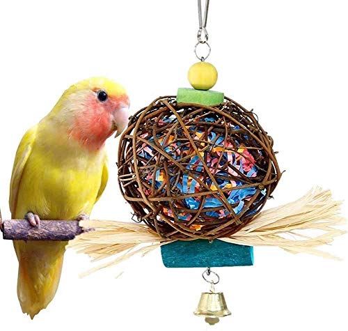 Litewoo Bird Chew Shredder Foraging Toy Natural Rattan Ball Preening Toy with Paper Strips Bell Toy for Parakeet Cockatiel Budgie Conure Lovebird Finch Canary African Grey Cage Accessories (1 PC)