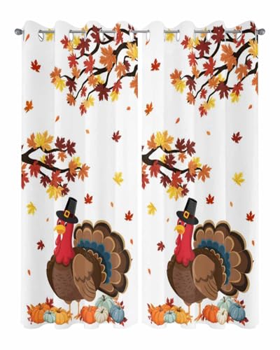 Outdoor Curtains for Patio, Turkey Waterproof Blackout Outside Curtain for Porch/Pergola/Gazebo, Thanksgiving Maple Leaf Orange Teal Blue Pumpkin Thermal Insulated Drapes, 2 Panels, 54 x 84 Inch - color: White, size: 54"W x 84"L (Pack of 2)
