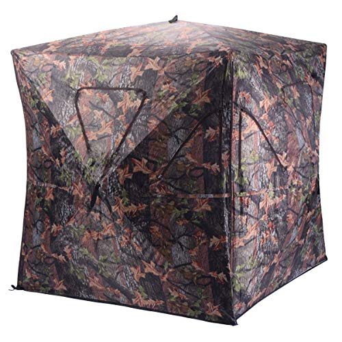 Tangkula 3 Person Pop up Ground Blind, Portable Hunting Blind with Mesh Windows, Carrying Bag & Ground Stakes, Camouflage Hunting Tent with Hub System, Camo Deer Blinds for Hunting - style: Inverted window