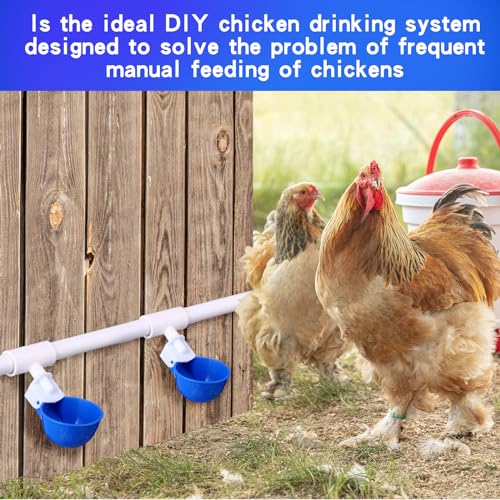 49 Pcs Automatic Chicken Waterer System Includes Chicken Water Cups 1/2" PVC Tee Fittings, PVC Pipes with Float Valve Controlled Fitting Poultry Waterer Chicken Water Feeder