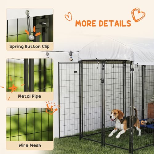 PawHut Outdoor Dog Kennel with Roof for Medium Dogs 8' x 4' x 6' Silver | Heavy Duty Welded Wire Dog Playpen Enclosure, Escape-proof Lock, UV-Resistant & Waterproof Cover, for Chickens, Ducks - size: 96.0"L x 48.0"W x 72.0"H, style: Single Room