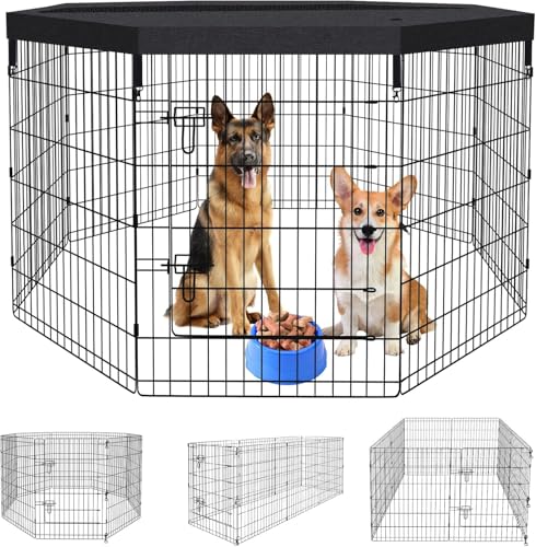 Artmalle 36-Inch Dog Playpen with Top Cover, 8-Panel Rustproof Fence | 36-inch rustproof 8-panel dog playpen with fitted top cover, tool-free setup and roomy space for indoor or outdoor use. - style: 24'' x 36'' with Top cover