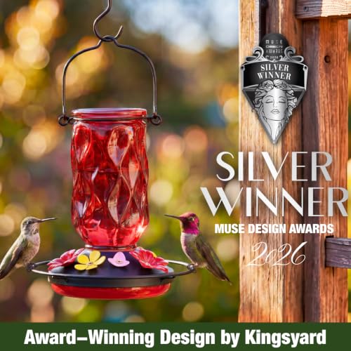 Kingsyard Glass Hummingbird Feeder for Outdoors Hanging, 20 oz Leak-Proof Wild Bird Nectar Feeders with 9 Bee Guard Ports & Ant Moat, Garden Yard Art Decor Gifts for Mom, Red - color: Red