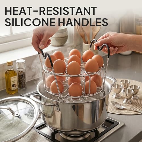 Stackable Egg Steamer Rack Holds 18 Eggs with Handles, Stainless Steel Instant Pot Trivet Fits 6qt/8qt Pressure Cooker, 2-in-1 with Skewers for Grilling