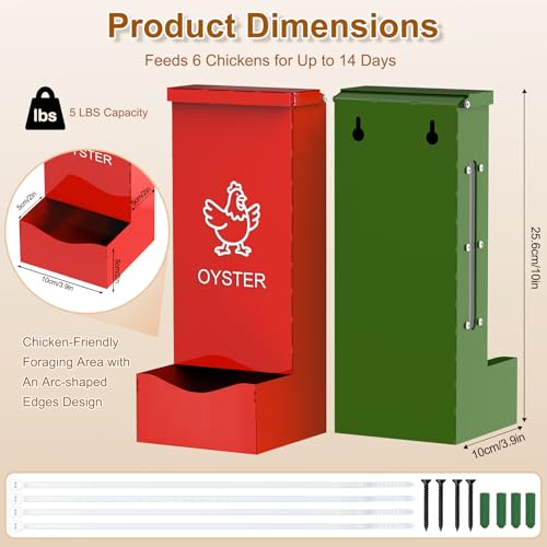 2 Pack Chicken Oyster Shell Feeder and Grit Feeder, Heavy Duty Metal Automatic Chicken Feeders with Lid, Gravity-Fed Chicks Food Dispenser Hanging Poultry Feeders for Coop Ducks Pigeons - color: Red + Green