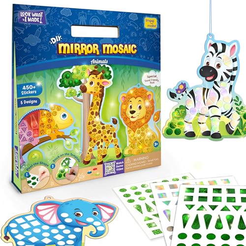 Imagimake Mirror Mosaic - Animals, 5 Templates, 450+ Stickers | Mess-Free Craft Activity, Screen-Free Creative Art Kit for Kids, Birthday Gift for Boys & Girls Ages 3,4,5,6,7 Years Old - style: 7. Animals