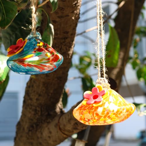 2 Pcs Blown Glass Hummingbird Feeder for Outdoors Hanging, Ant & Bee Resistant Window Bird FeederHandmade Garden Decor Gift for Women - Small Round Glass Feeders Bundle (Droplet B2) - color: Droplet B2