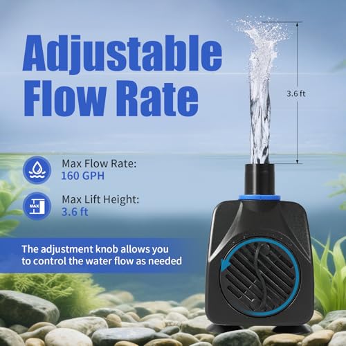 AQUANEAT Small Fountain Pump, 160 GPH Mini Submersible Water Pump with 3.3 ft Tubing, for Aquarium Fish Tank, Pet Water Fountain, Hydroponics, Pond Waterfall Filter Pump - size: 160 GPH