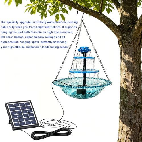 Solar Powered Hanging Bird Bath Fountain, 3-Tier Cascading Water Feeder for Hummingbirds Wild Birds[16.4FT/Extra Long Cord] for Outdoor,Garden, Patio, Backyard Decor