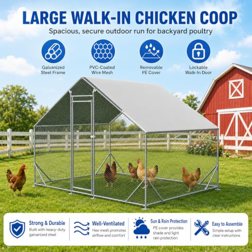 Large Metal Chicken Coop Run with Removable PE Cover, Walk-in Galvanized Steel Poultry Enclosure with PVC-Coated Wire Mesh and Lockable Door for Chickens, Ducks and Rabbits (10'Lx6.6'Wx6.56'H) - size: 10'Lx6.6'Wx6.56'H