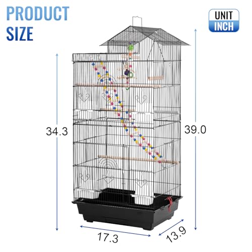 FDW 39 Inch Bird Cage Parakeet Cage with Play Top Rolling Stand & Easy Clean Pull-Out Tray Roof Top Parrot Cage for for Finches Canaries Parakeets Cockatiels & Other Small Birds, Black - color: Black
