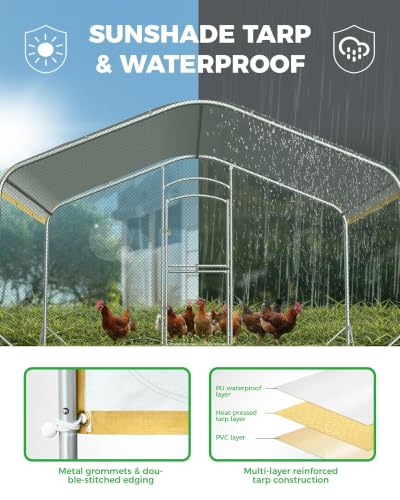 Large Metal Chicken Coop with Run, Walk-in Chicken Run for Yard with Waterproof & Anti-UV Cover, Spire Roof Outdoor Poultry Cage for Chickens Ducks Rabbits Backyard Farm