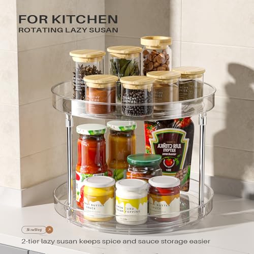 2 Pack 2 Tier Lazy Susan Turntable Organizer, Clear Rotating Lazy Susan | 360 Degree Rotating Spice Rack for Cabinet, Makeup and Perfume Organizer for Vanity, Counter Organizer Tray for Bathroom - size: 2 Pack - 2 Tier