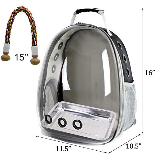 Bird Traval Carrier Cage, Clear Space Capsule Astronaut Backpack to Carry Parakeet Cockatiel Parrot with Metal Tray Bird Feeder Wood Perch, Vet Transport Bag - color: Black