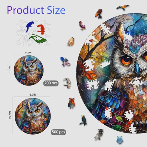 Ruikiyart Puzzles for Adults, 5MM 500 Pieces Stained Glass Owl Wood Jigsaw Puzzle, Wall Decor, Mosaic Bird Puzzle Unique Shape Challenge, Family Games for Adults Home Decoration (16.7"*16.7") - color: Colorful Owl, size: 500 Pieces