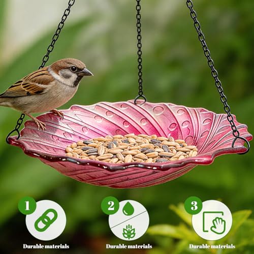 Bird Baths for Outdoors, 11" Pink Glass Birdbaths Outdoor Birdfeeder with Metal Stake - color: Pink with Hanging