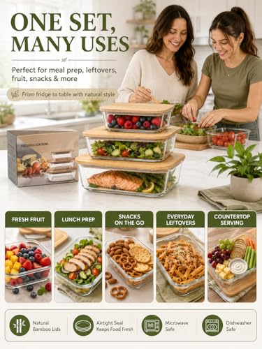 3-Pack Airtight Glass Food Storage Containers with Bamboo Lids | High borosilicate stackable meal prep containers for leftovers. Microwave and dishwasher safe kitchen organization.
