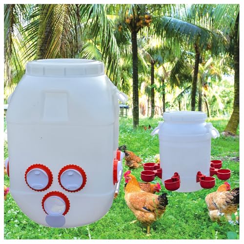 Rainproof Chicken Feeder and Chicken Waterer Set (13 Gallon/60 Pounds) Automatic Chicken Feeder Poultry Feeder Bucket with 10 Ports Chicken Waterer (2.6 Gallon/10L) with 8 Water Cups