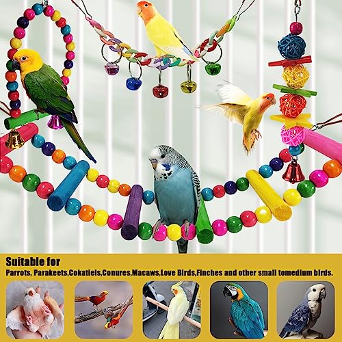 Parakeet Toys,7 Pcs Colorful Bird Toys for Parakeets,Pet Bird Cage Hammock Swing Climbing Ladders Chewing Toy Mirror Hanging Bell Wooden Perch for Budgerigar,Conures, Love Birds,etc | Swing Climbing Ladders Chewing Toy Mirror Hanging Bell Wooden Perch, fo