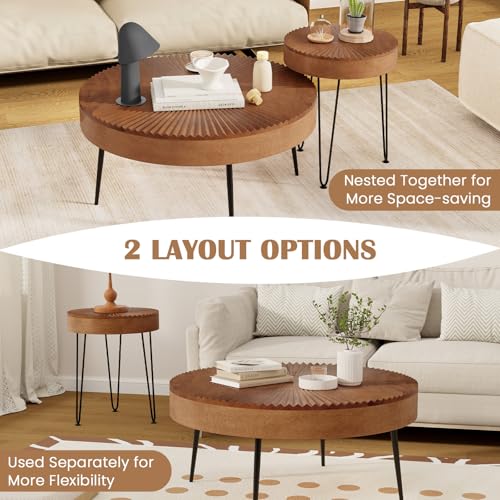 COSTWAY Farmhouse Round Coffee Table Set of 2, Rustic Sofa Side Tea Tables w/Wood Finish, Metal Frame, Adjustable Foot Pads, Nesting End Table Set for Living Room, Bedroom (Radial Pattern, Brown) - color: Brown, style: Radial Pattern