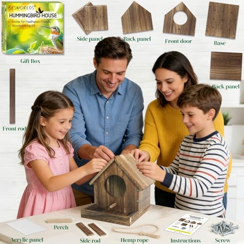 DIY Wooden Hummingbird House Assembly Kit for Outside Hanging | Humming Bird House with Bird Feeder and Transparent Viewing Window for Outdoors, Great Garden Decoration Gift for Bird Lovers