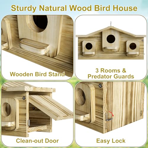Auslar Bird House for Outside, 3 Hole Wooden Birdhouse for Outdoors Hanging | Bird Nesting Box for Bluebirds Cardinals Finches Wrens Swallows, Predator Guard, Perch & Hook, Garden Backyard Decor - style: Rectangular