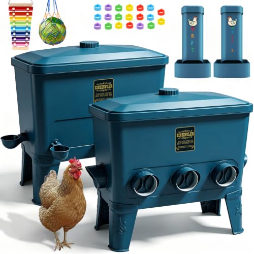 ZINZINULER Large Automatic Port Chicken Feeder and Cup Waterer Set - Chicken Coop Accessories, No Waste Poultry Feeder, 9 Gallon/50 Pounds (Cyan)